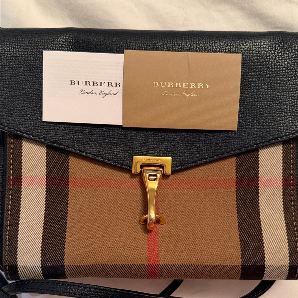 Burberry Black Leather & Vintage House Check Messenger Bag with Gold Hardware